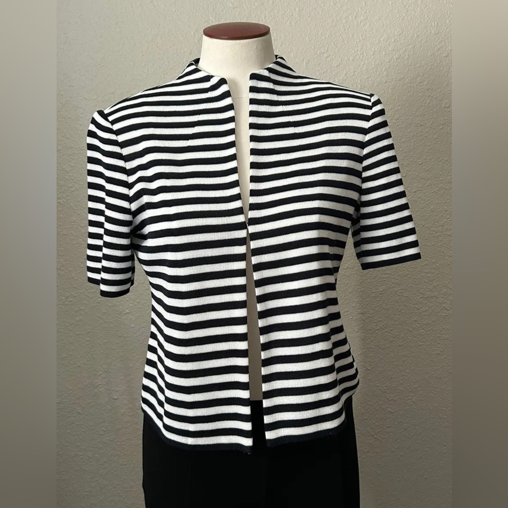 EUC Ming Wang Black & White Short Sleeve Striped Knit Jacket Blazer Size PXS